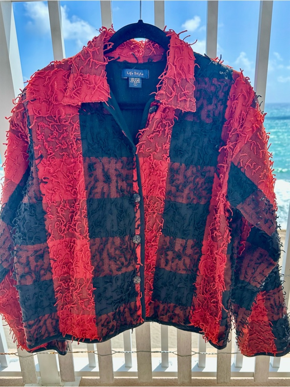 Life Style Red and Black Textured Plaid Button Jacket